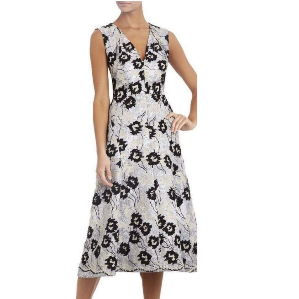 Bcbgmaxazria Women's Size 2 Floral Sleeveless V-Neck Jocelyn Jacquard Midi Dress
